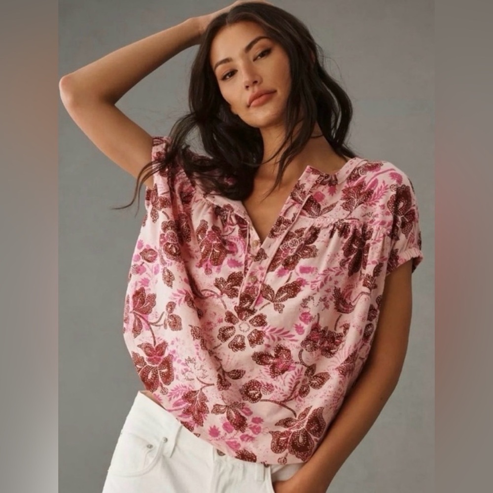 Anthropologie Pilcro Pink Floral Ruched Henley Tee | Oversized XS